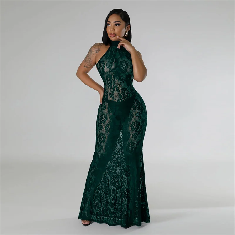 Summer Women Backless Halter Slim Party Sexy Long Lace Dress Perspective 2024 Sleeveless See Through Hot Sexy Night Club Dress
