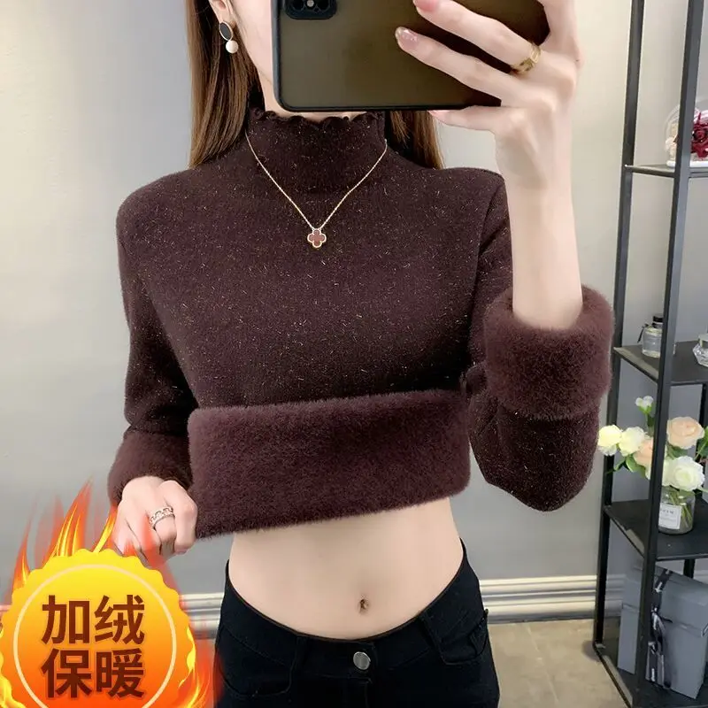 

Women Velvet Thicken Warm Sweaters Semi Turtleneck Knit Thermal Pullovers Women Solid Ribbed Sweater 2023 Autumn Winter A107