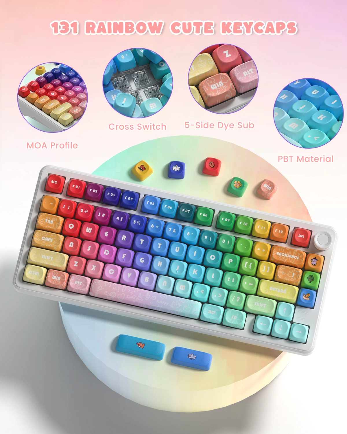Womier 131 Keys MOA Keycap PBT Dye-Sublimation Set Keycap Kustom Pelangi Lucu untuk Keyboard Gaming Mekanik dengan Sakelar MX