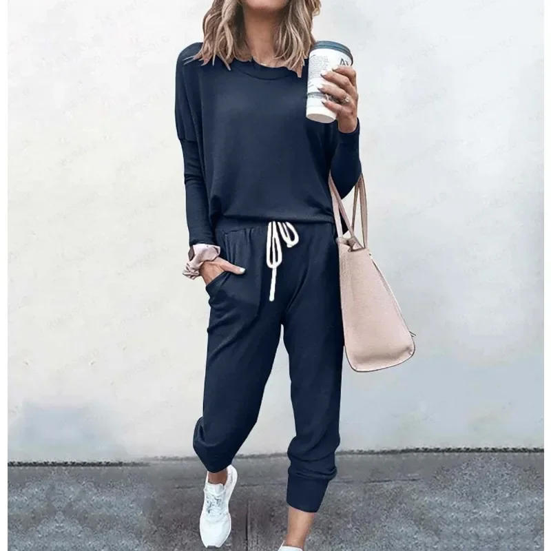 مجموعة سراويل ركاب فضفاضة بأكمام طويلة للنساء ، مجموعة العطلات الترفيهية ، أحادية اللون بسيطة وكتلة ألوان ، مقاس كبير ، الخريف #4