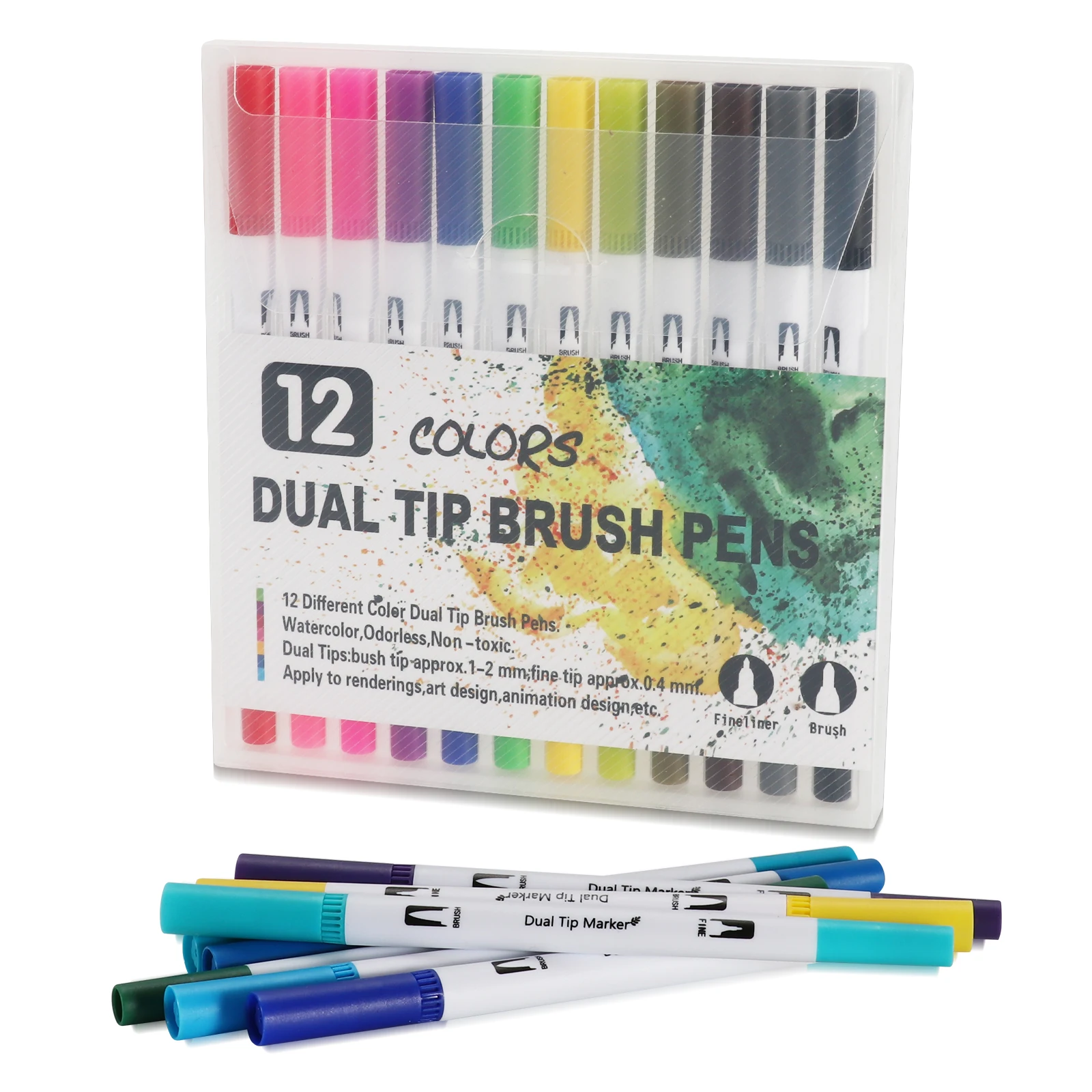 12 Colors Felt Tip Pens Watercolour Marker Pen,Double Art Colouring Pens Fine Tip Brush Markers for Adult Students Drawing