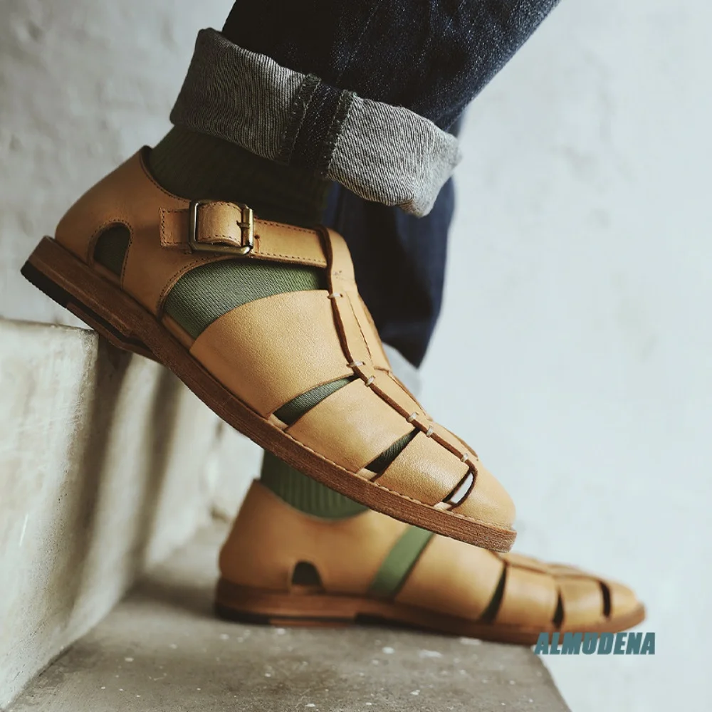 Multi Color Men Retro Gladiator Sandals Genuine Leather Multi Straps Adjustable Metal Buckle Flat Sole Summer Daily Casual Shoes