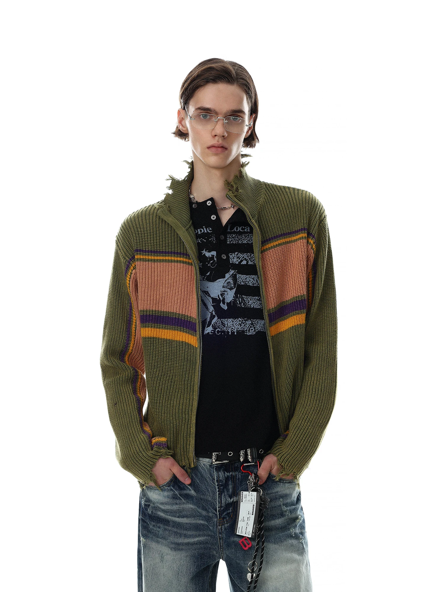 American Retro Striped Collar Men's Knitted Sweater Double Zipper Tassel High-End Feel Loose Fit Medium Gauge Long Sleeve