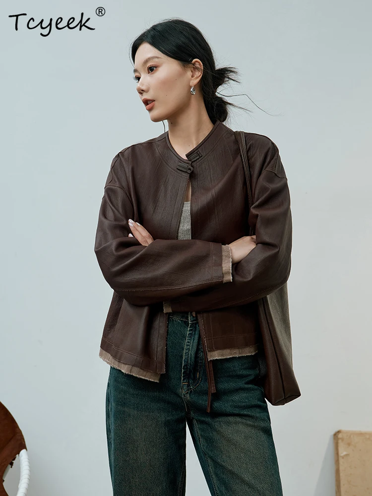 Tcyeek Pelle di pecora Primavera Autunno High End Trendy Vintage Girocollo Marrone Caffè Giacca in vera pelle da donna Jaqueta Couro