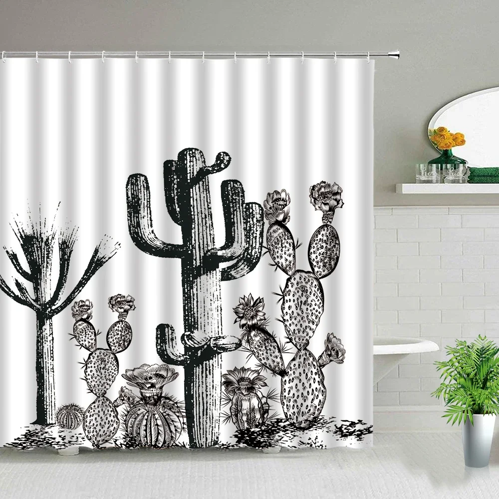 Hand Painted Black And White Tropical Plant Cactus Flower Shower Curtain Bathroom Decor Screen Waterproof Bath Curtain With Hook