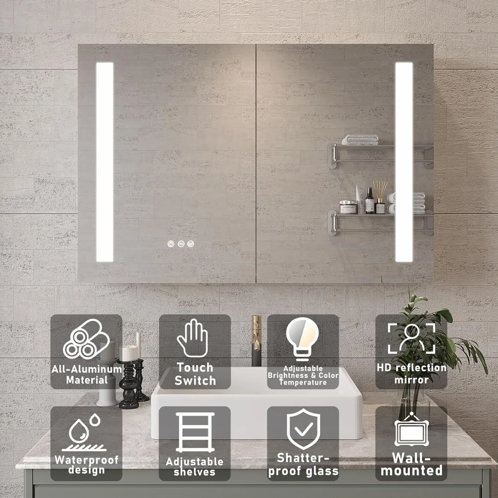 36x24 inch Bathroom Medicine Cabinet LED Mirror, 3 Color Temperature Adjustable Brightness Aluminum Storage Cabinet, Anti-Fog