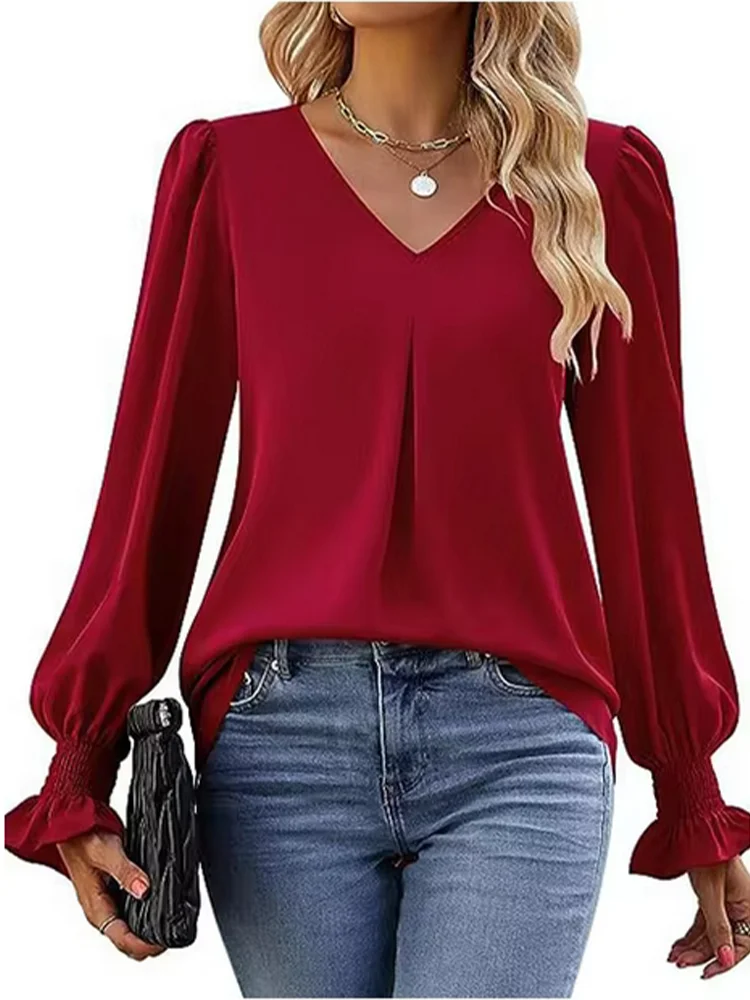 Elegant V-neck Solid Color Blouse Women\'s Long Sleeved Simple T-shirt  Autumn Top Clothes