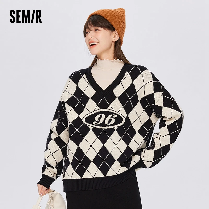 Semir Sweater Women Diamond Check Loose Stacked 2023 Winter New Jacquard Retro V-Neck Off-Shoulder Sweater