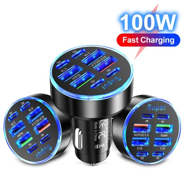 100W 8-portowa ładowarka samochodowa Szybkie ładowanie PD QC3.0 USB C Ładowarka samochodowa do telefonu typu C Adapter w samochodzie do iPhone Samsung Huawei Xiaomi