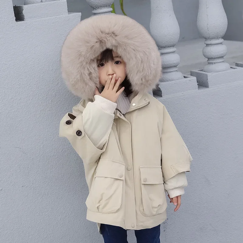 2024 Winter Fur Babyu Boy Coat Hooded Warm Girls Jackets Outdoor Sport Children Snowsuits Windproof Teenager Kids Ourerwear