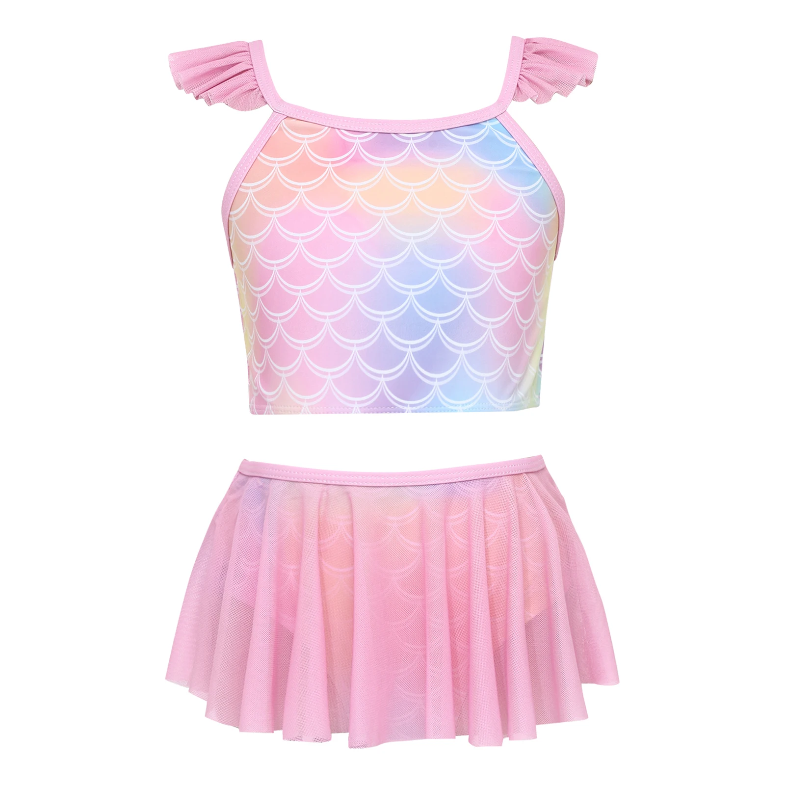 Girls Swim Sets Tankini Swimsuit Bathing Suit Adjustable Straps Ruffled Fish-scale Print Swimwear Short Top with Skirted Briefs