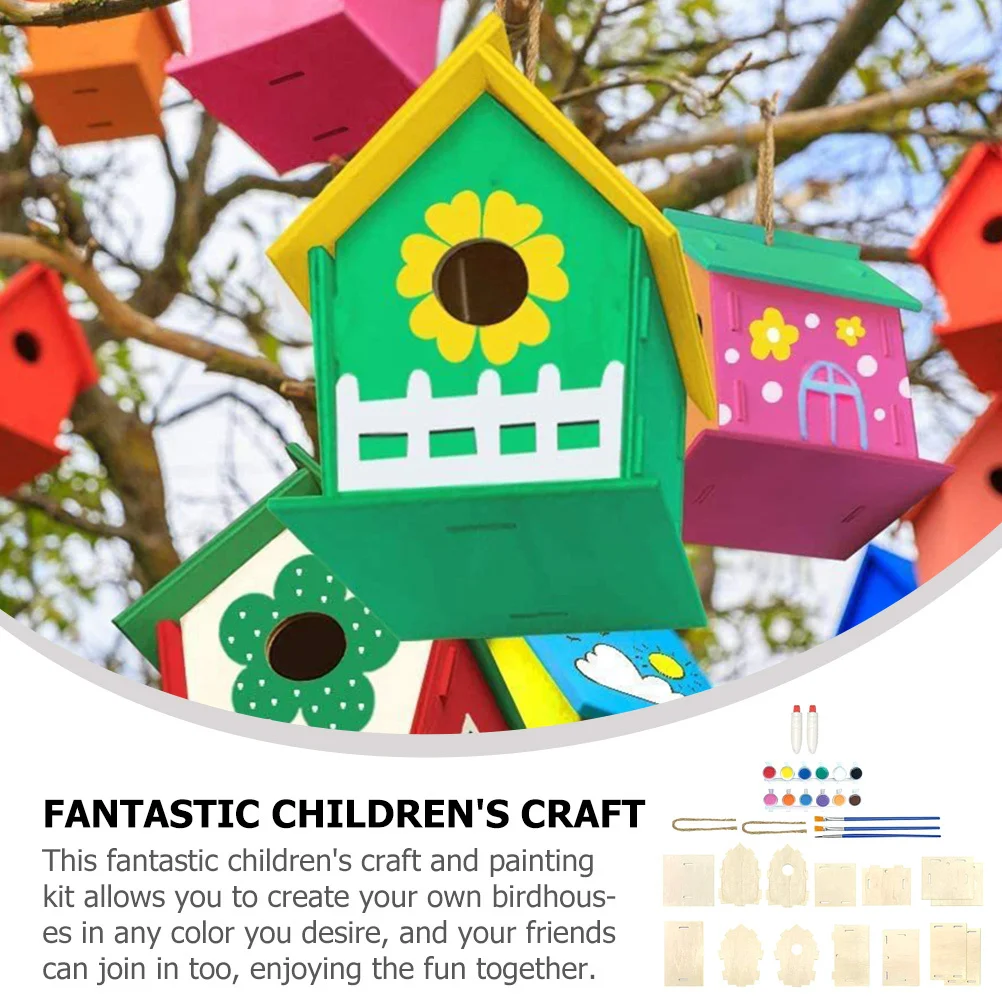 1 مجموعة Diy بها بنفسك خشبية بيت الطيور عدة غير مكتملة الحرفية للأطفال اللوحة الرياح الرنين حلية بناء الطلاء بيت الطيور قلادة