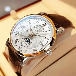 Luxury Man Watch Waterproof Chronograph Moon Phase Pattern Luminous Men's Wristwatch Leather Men Quartz Watches Casual Clock