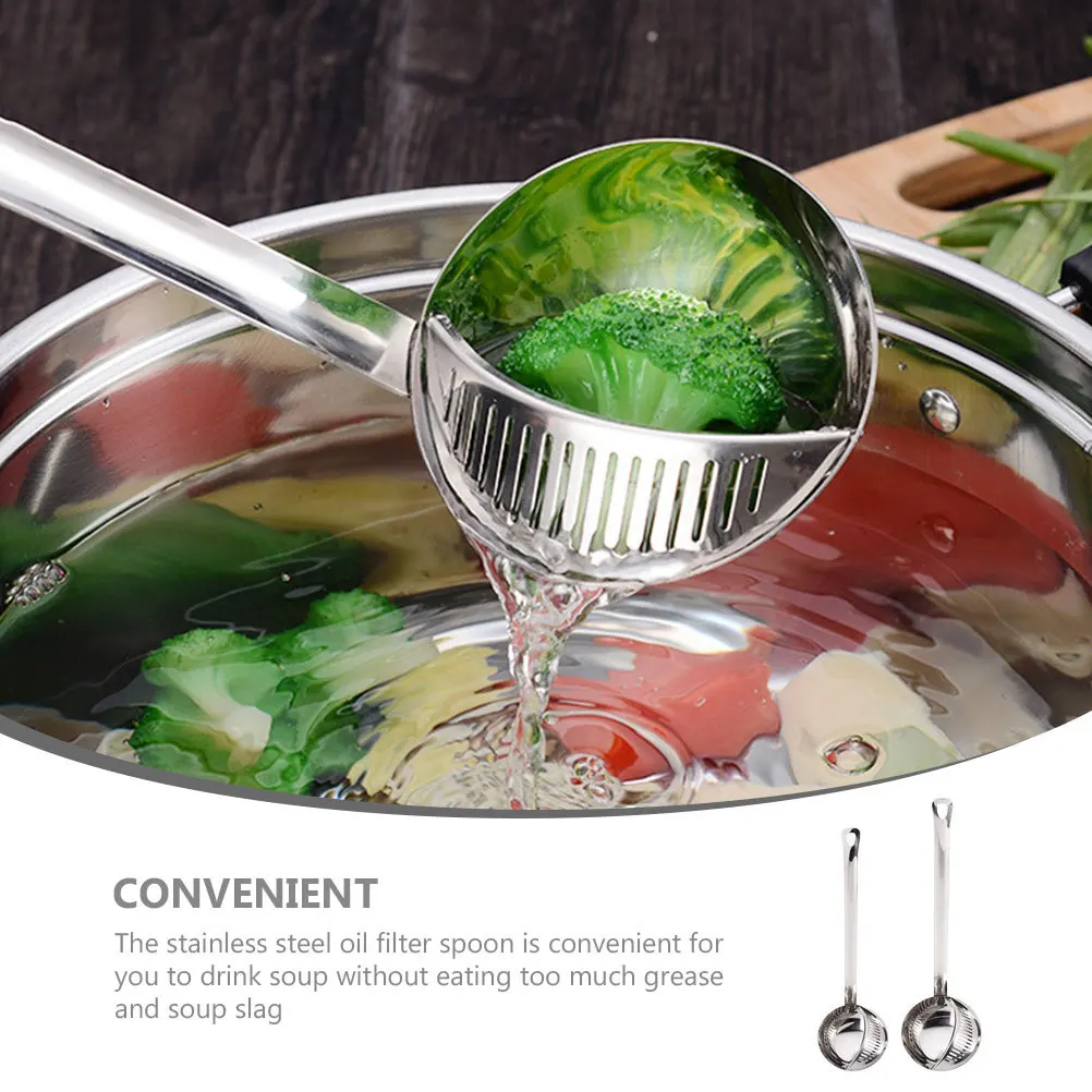 

2Pcs Stainless Steel Soup Spoon Oil Separator Ladle Long Handle Fat Separator Skimmer Spoon for Cooking Home Kitchen