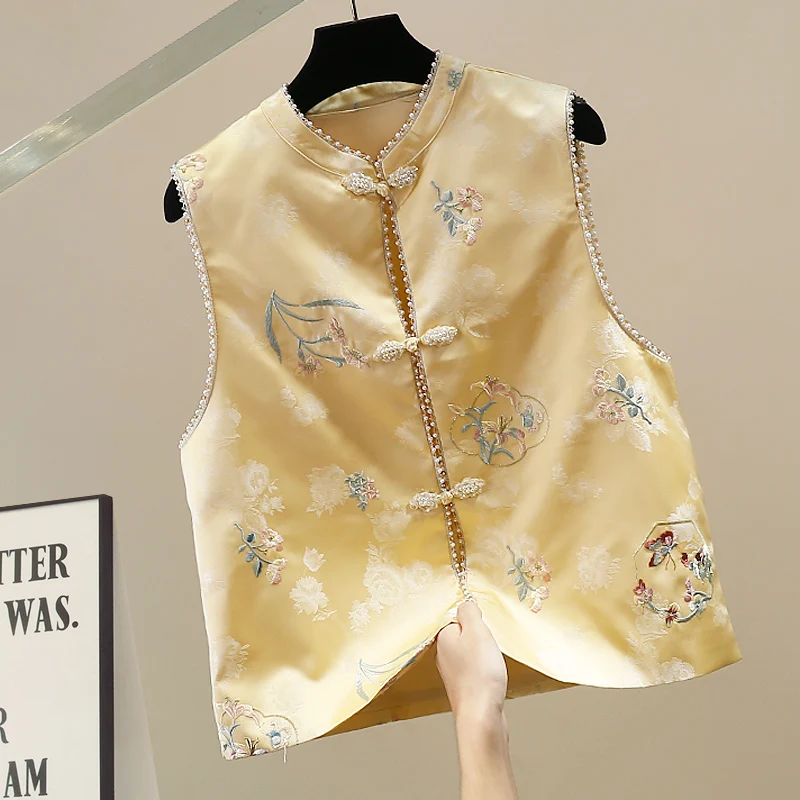 

Новая модная женская жилетка с объемной вышивкой, свободного кроя, с воротником, на пуговицах, укороченный топ с вышивкой, трендовый, для повседневной носки