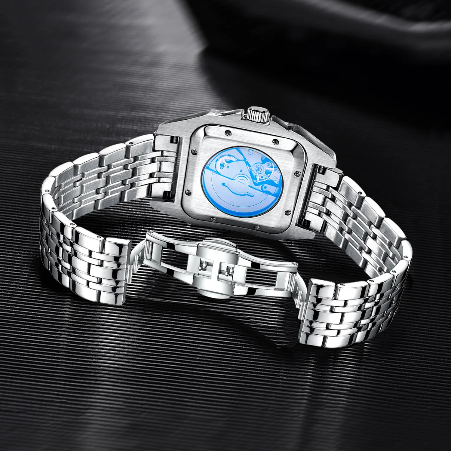 ساعة سانتوس تانك للرجال، ساعة ميكانيكية أوتوماتيكية بالكامل، تصميم هيكل عظمي، حزام من الفولاذ المقاوم للصدأ بمشبك على شكل فراشة، ساعة رجالية مربعة صغيرة فاخرة، ساعة يد رجالية عصرية متعددة الاستخدامات للأعمال، أفضل هدية له