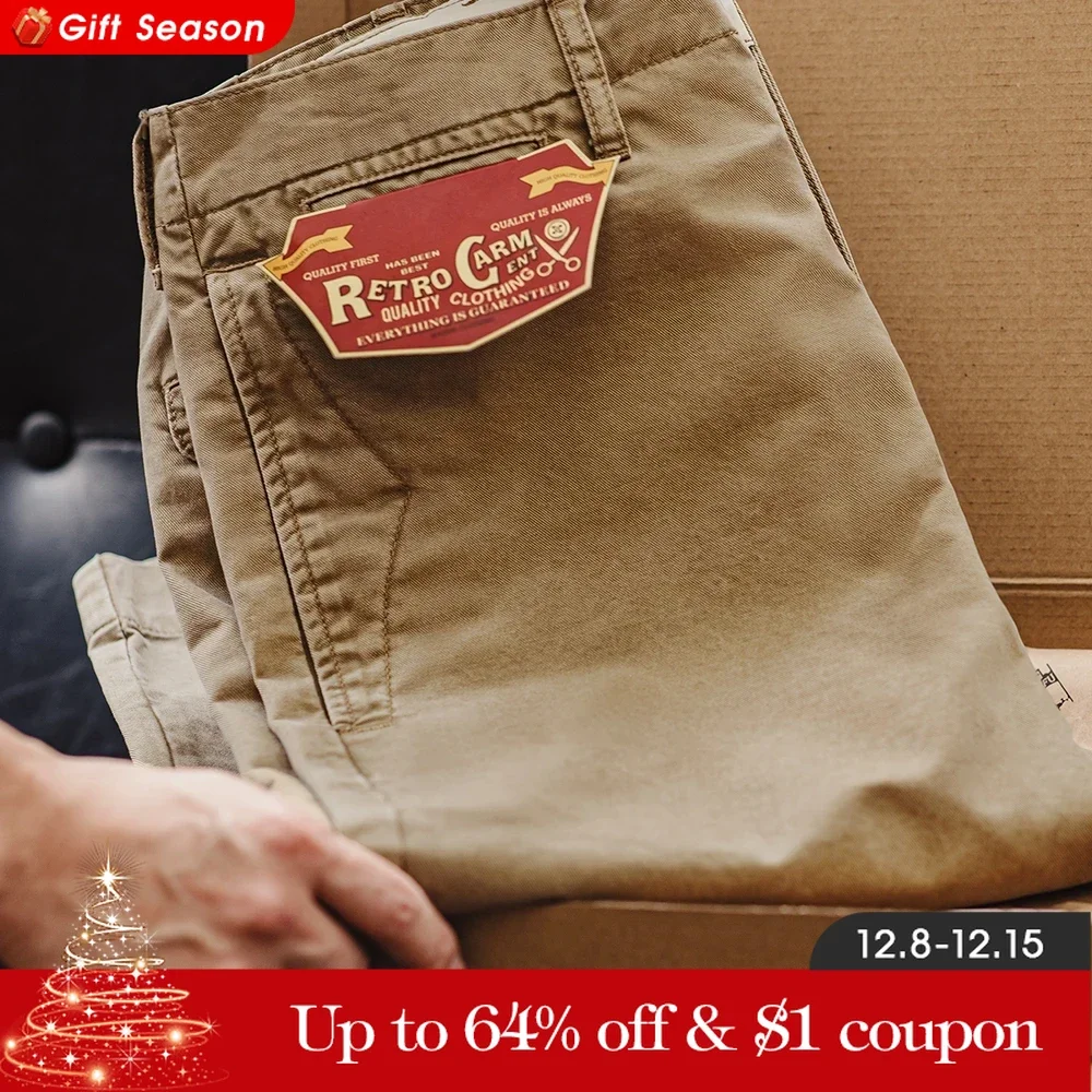 Maden Vintage Heavyweight Khaki Casual Pants Twill Cotton Straight Pants for Men\'s Autumn Workwear Classic Zip Fly Trousers
