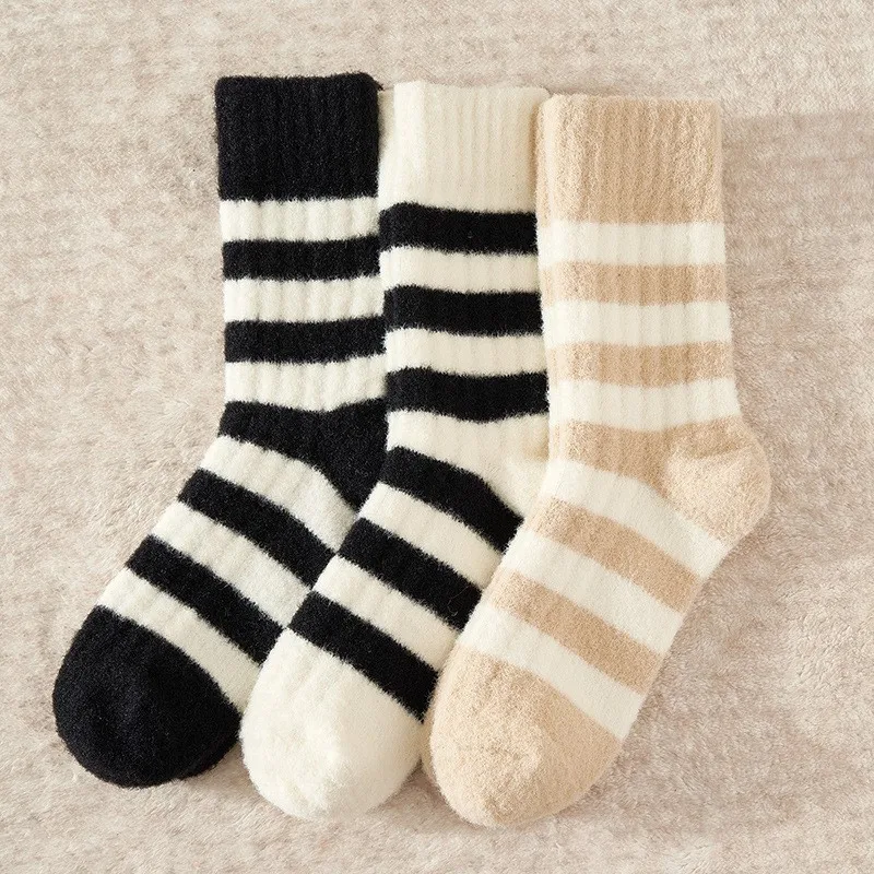 Autumn Winter Thickened Mid-tube Socks Men Women Short Hair Velvet Warm Striped Coral Velvet Home Floor Sleeping Comfort Sock