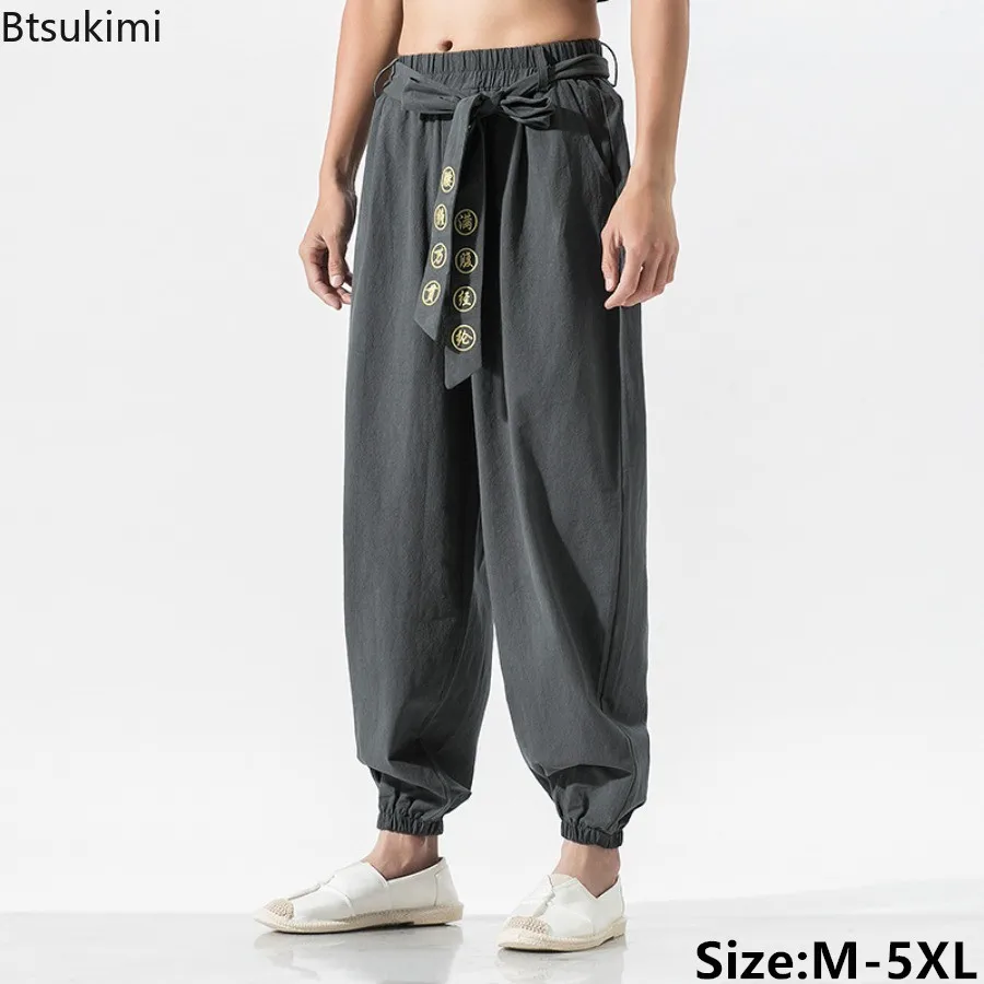 

Chinese Style Men's Cotton Linen Pants Vintage Embroidery Loose Casual Harajuku Trousers Male Traditional Clothing Harem Pants