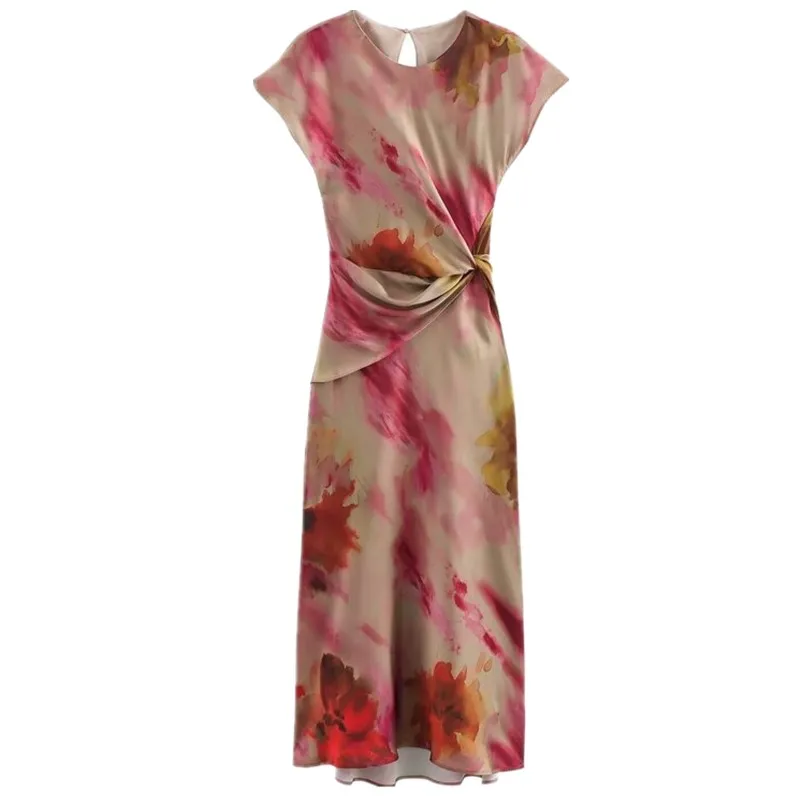 Vestido de Seda com Estampa Tie Dye para Mulheres, Moda Outono 2024, Estilo Versátil para o Dia a Dia, Sem Mangas, Peça Única...