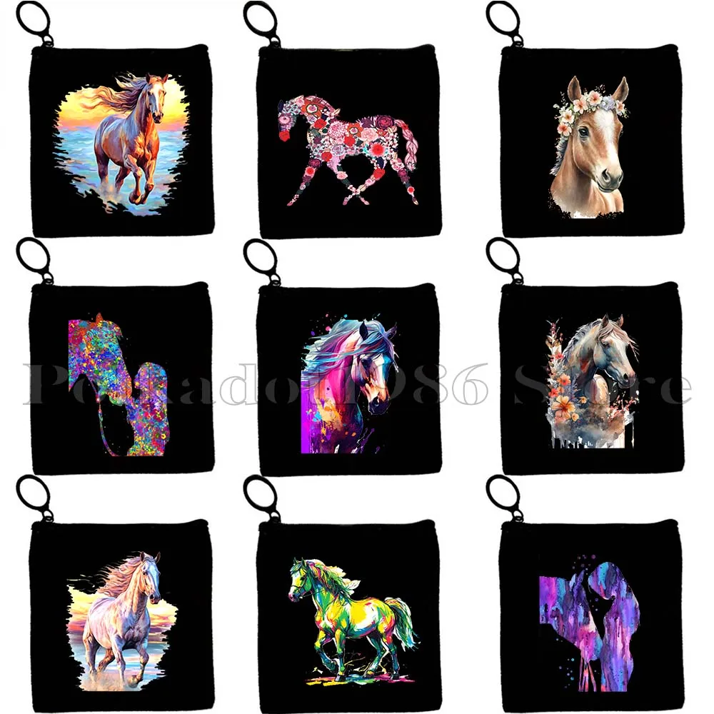 

Watercolor Horse Racing Riding Painting Cute Flower Horse Lover Gifts Horse Girl Head Face Coin Purse Key Case Bag Wallet Pouch