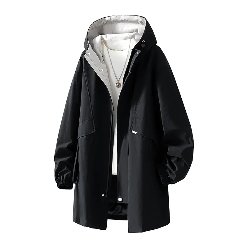

Oversized L-9XL Mid-Length Windbreaker Jackets 2025 Spring Autumn Casual Solid Hooded Coats High Street Wear Tops Outer Garment