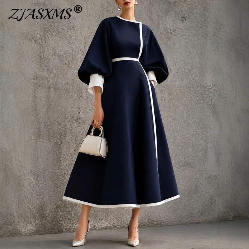 Women Color Block Maxi Dress O Neck Puff Lantern Sleeve Contrast Striped Trim High Waist Flowy Dress Elegant Wedding Guest Dress