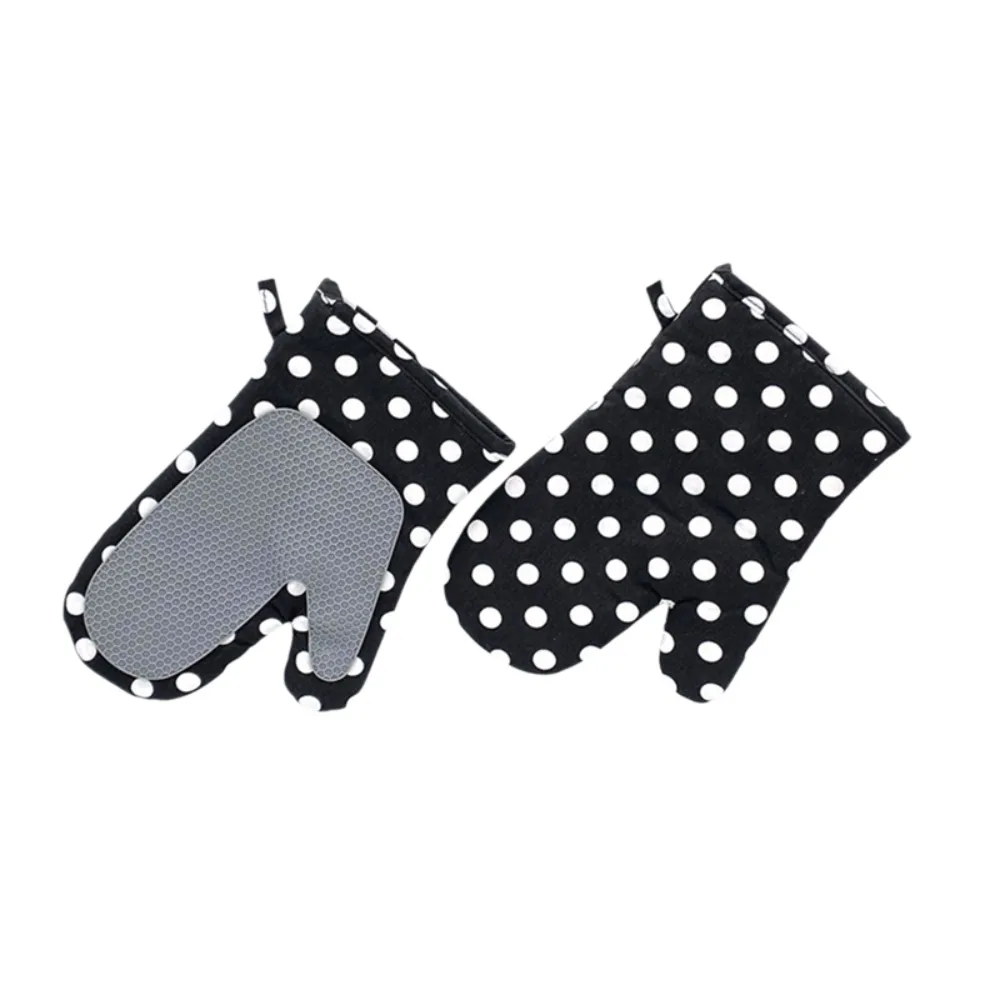 1 Pair Silicone Pad Design Kitchen Microwave Gloves Cotton Lining Heat-resistant Oven Gloves Anti Scalding Non-slip