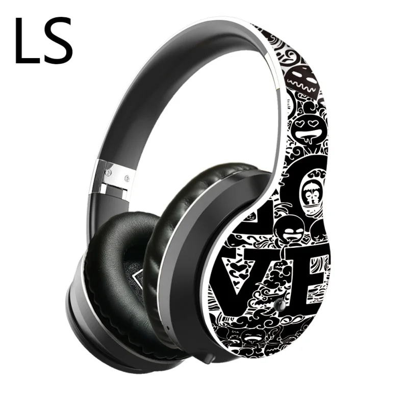 

LS B1 Earphones Wireless Bluetooth Graffiti Design Over-ear Type with FM and TF Card Slot Heavy Bass Sound Quality Foldable