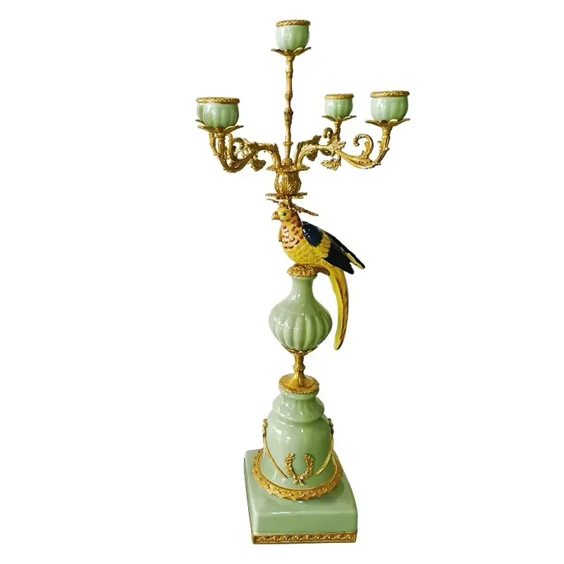 Creative Brass and Avocado Green Porcelain Candlestick with Colored Birds for Home Office Hotel Table Decoration