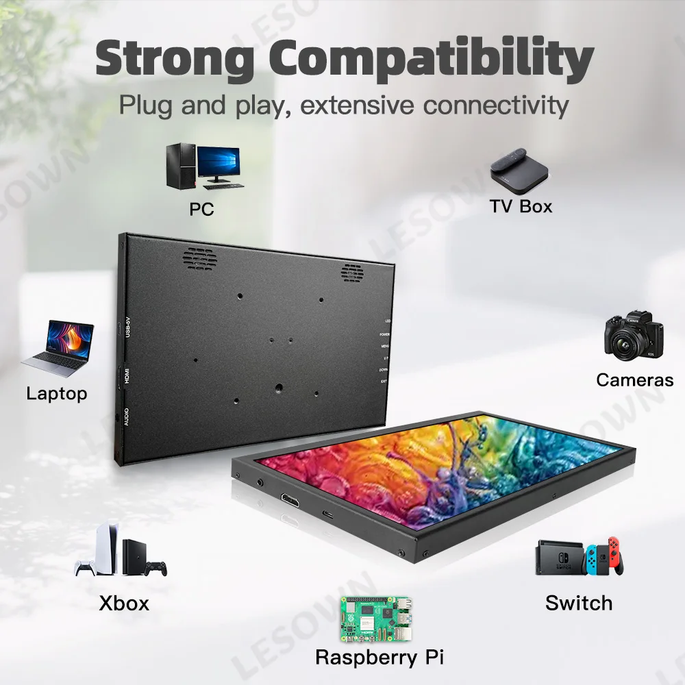 LESOWN 10.1inch CNC External Monitor 1024x600 Aluminum Screen HDTV VESA 75 Secondary Display for Industrial Control PC