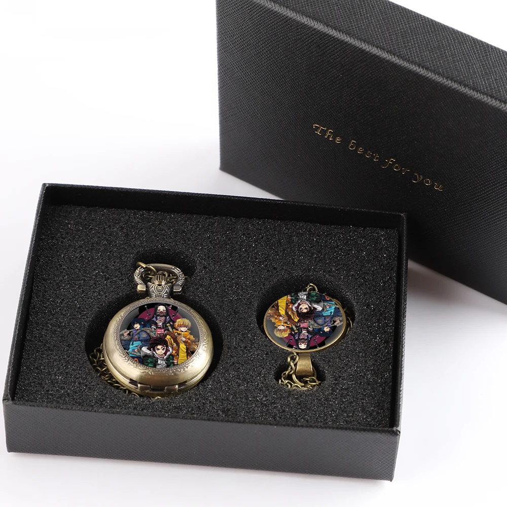 Set Hadiah Jam Saku Berkualitas Tinggi Dengan Kotak Desain Anime Demon Slayer Kalung Aksesoris Jam Untuk Pria Hadiah