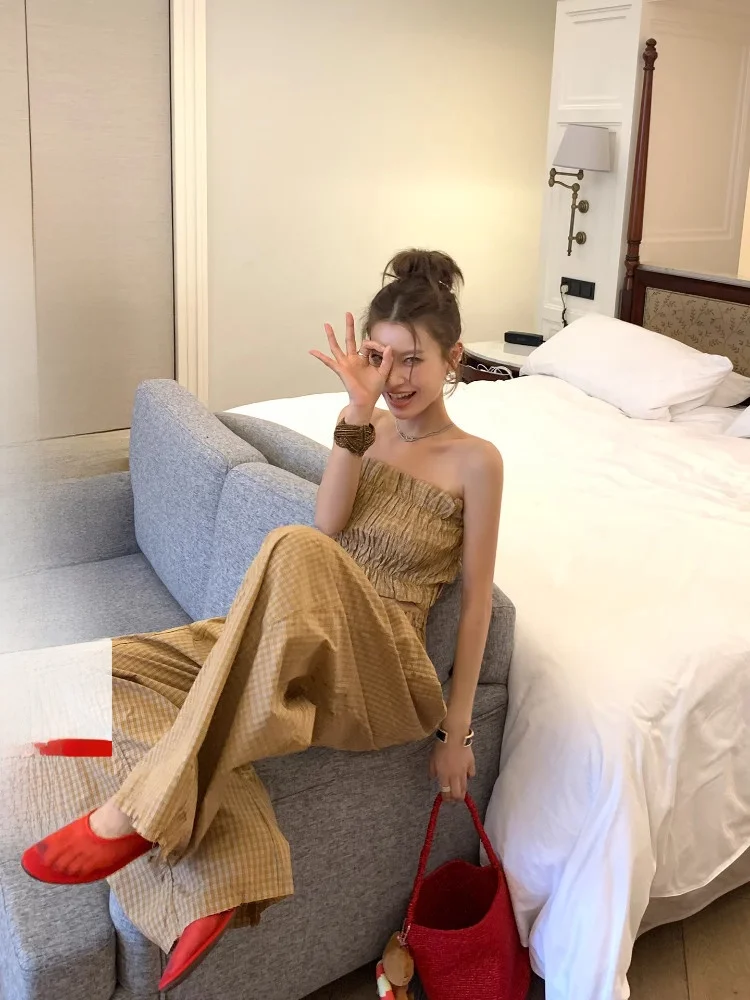 

DULA Good Home Nice Wed Spicy Girl: Комплект из плиссированного клетчатого укороченного топа и широких брюк с поясом для женщин, летний, шикарный, хлопковый