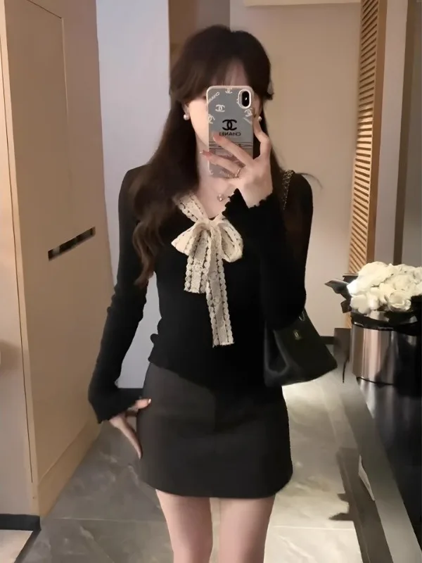 

Женский утягивающий топ больших размеров с кружевом и V-образным вырезом, на завязках, осенне-зимний, новый, в корейском стиле, с длинными рукавами