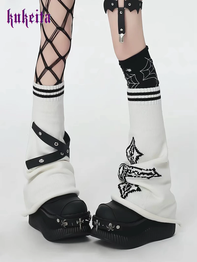 Kukeita Y2K Punk Knitted Leg Warmers Socks Women Gothic Cross Metal Rivet Knitted Leg Cover Harajuku JK Knee High Boots Socks