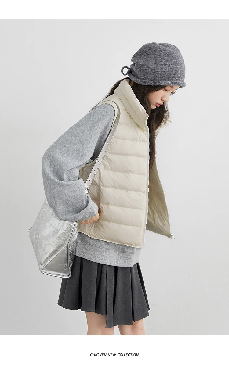 Chique ven novas mulheres para baixo casacos sem mangas leve 90 pato branco para baixo gola alta feminino para baixo colete outono inverno 2025