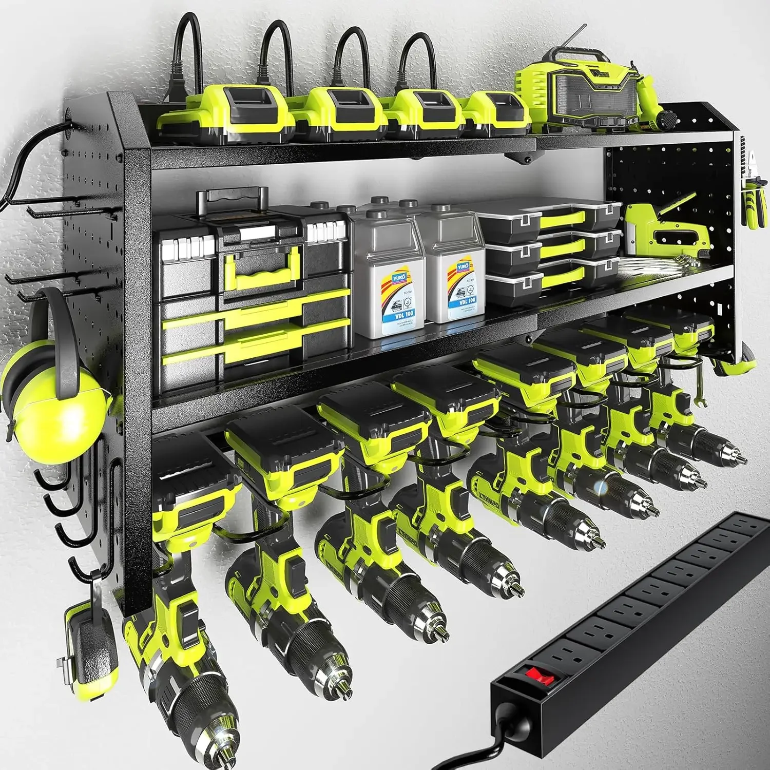 Power Tool Organizer with Charging Station,Built in 8 Outlet Power Strip,Large 8 Drill Holder Wall Mount,Heavy Duty Metal Power