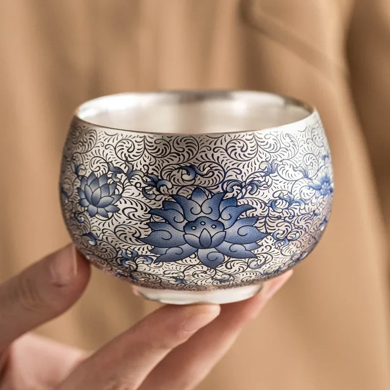 145ML Blue and White Lotus Rhyme Arhat Cup Hand-plated 999Silver Ceramic Teacup Master Cup High-end Light Luxury Personal TeaCup