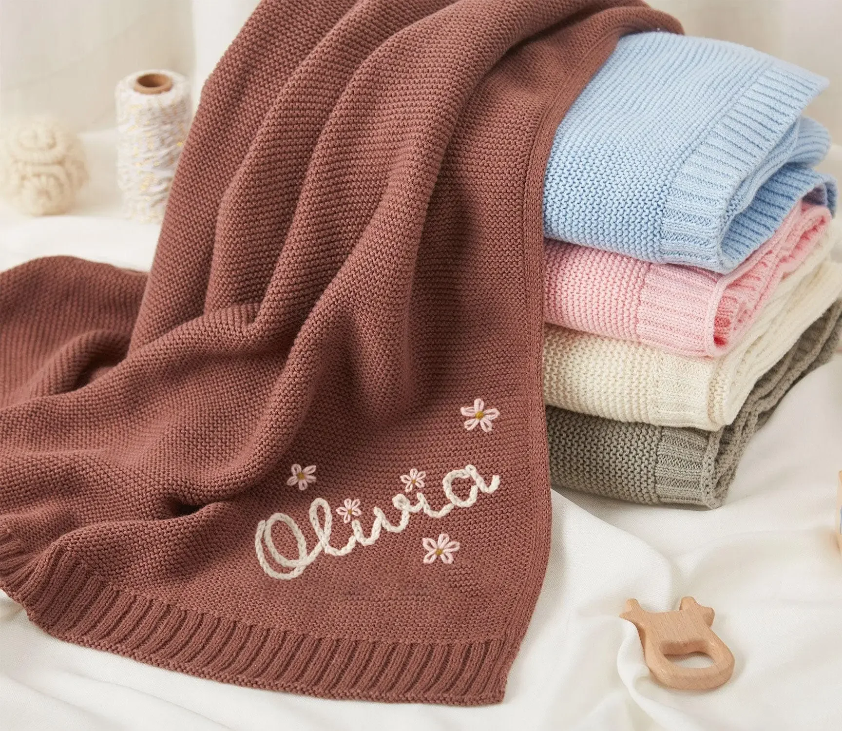 Personalized Baby swaddle Blanket with Name Custom Knited Baby Blanket with hand Embroidery name kids girls boys gifts newborn