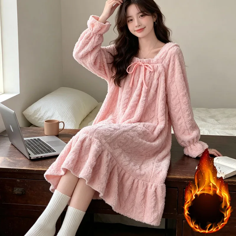 Long Sleeve Ladies Fleece Home Dress Thickened Elegant Bow Thermal Warm Soft Comfortable Autumn Winter Nightwear Lounge Cozy