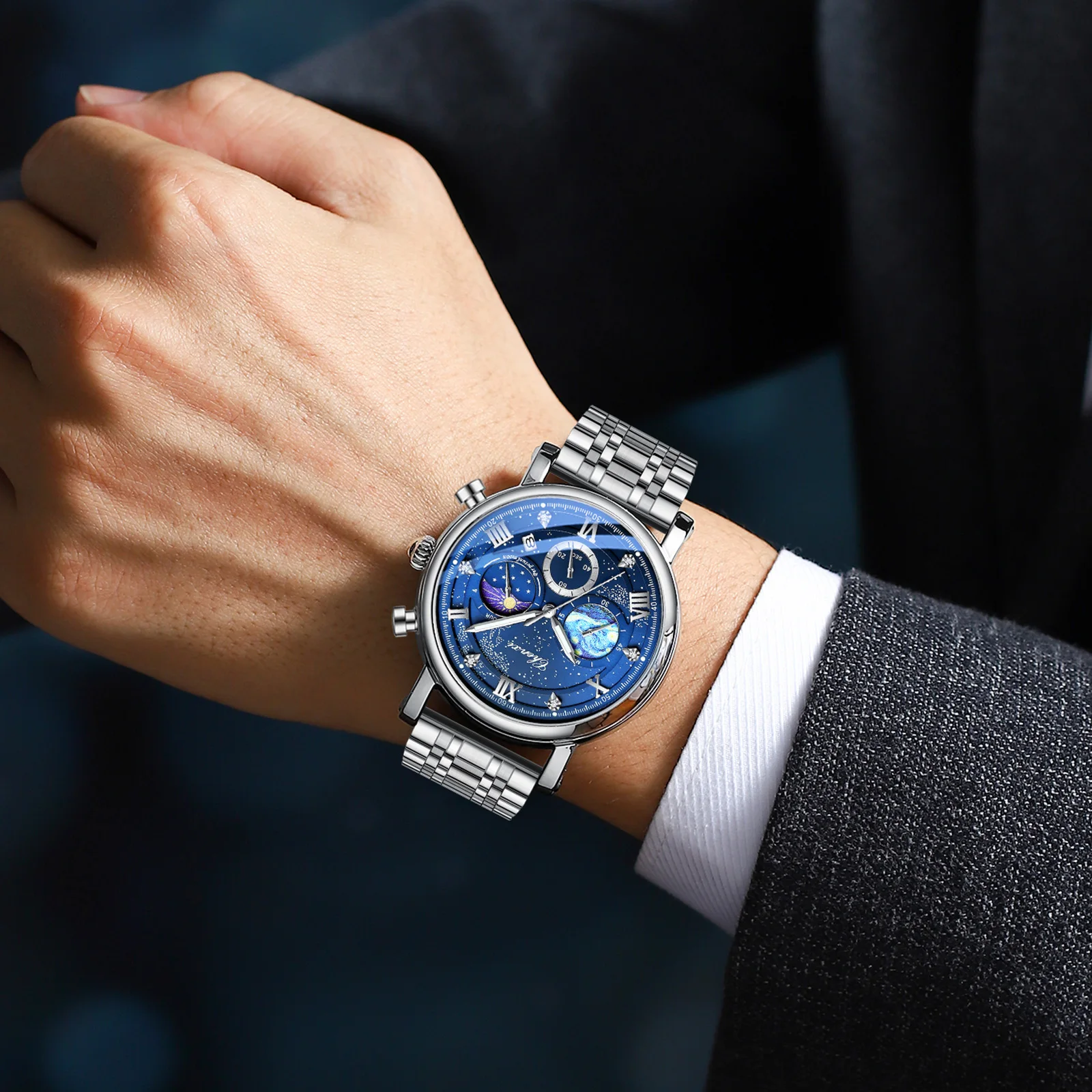 CHENXI NEW Man Watch متعددة الوظائف كرونوغراف القمر المرحلة تاريخ ساعات كوارتز للرجال السماء الهاتفي الفولاذ المقاوم للصدأ ساعة اليد