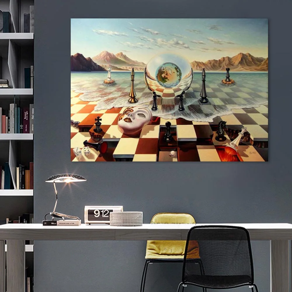 Salvador Dali Surrealism Chess Mask On Sea Canvas Prints, Abstract Posters Canvas Wall Art Pictures for Home Decoration