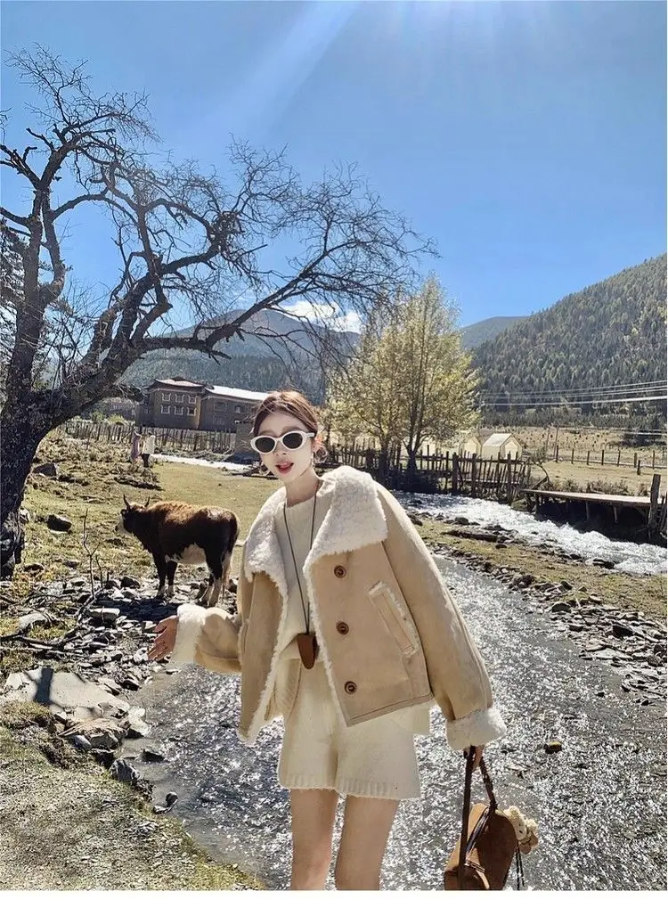 New Women Beige Faux Suede Shearling Lined Jacket Loose Cropped Warm Top Vintage Winter Motorcycle Outerwear Coat Streetwear Y2K