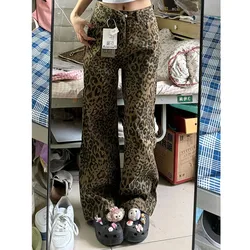 Lucyever American Retro Leopard Print Jeans dla kobiet Casual High Waist Baggy Denim Pants Female Y2K Panther Straight Trousers