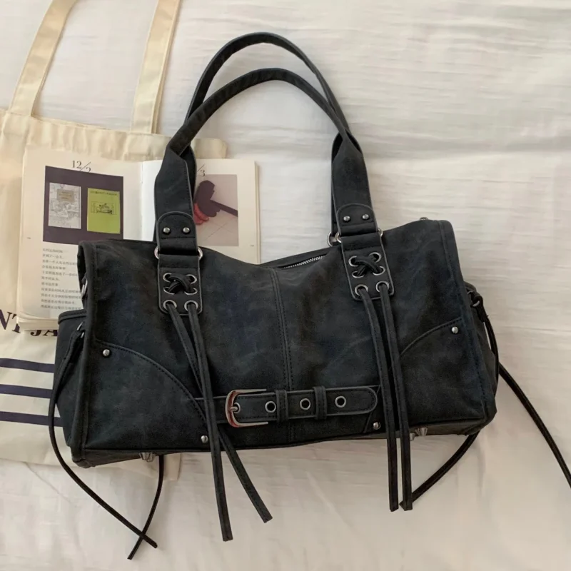 

Branded Retro Motorcycle Handbag Stylish High-end Tassel Bag Soft Large Capacity Buckle Shoulder Bag Designer Niche Underarm Bag