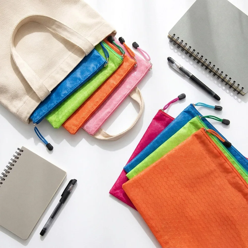 5 Document Bags + 5 Erasable Pens in Random Colors, Waterproof Zipper File Bag Set, Study and Office Classification Storage Supplies, Homework File Organizer, Student Test Paper and Office Document Classification Storage Bag