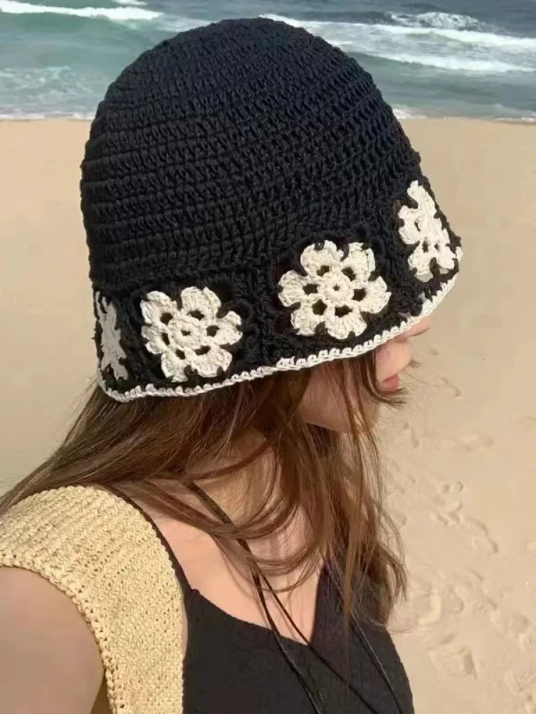 Dzianinowe kwiatowe kapelusze kubełkowe dla kobiet Wiosna Lato Kapelusz przeciwsłoneczny Kobieta Szydełkowa czapka rybacka Outdoor Travel Basin Caps Panama Gorros — zdjęcie 2