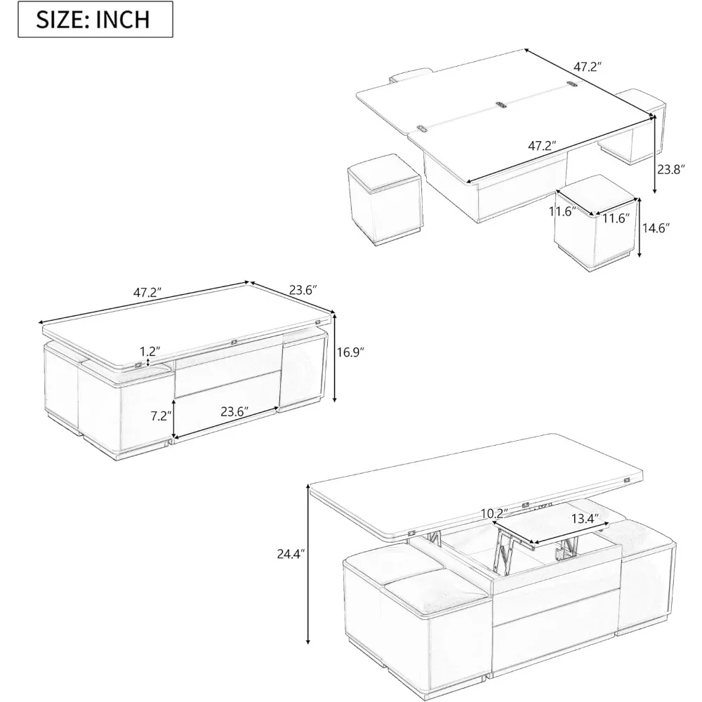 Mesa de centro elevatória 3 em 1 com 4 bancos de armazenamento, mesa central moderna de 47,2" com tampo dobrável, multifuncional ajustável