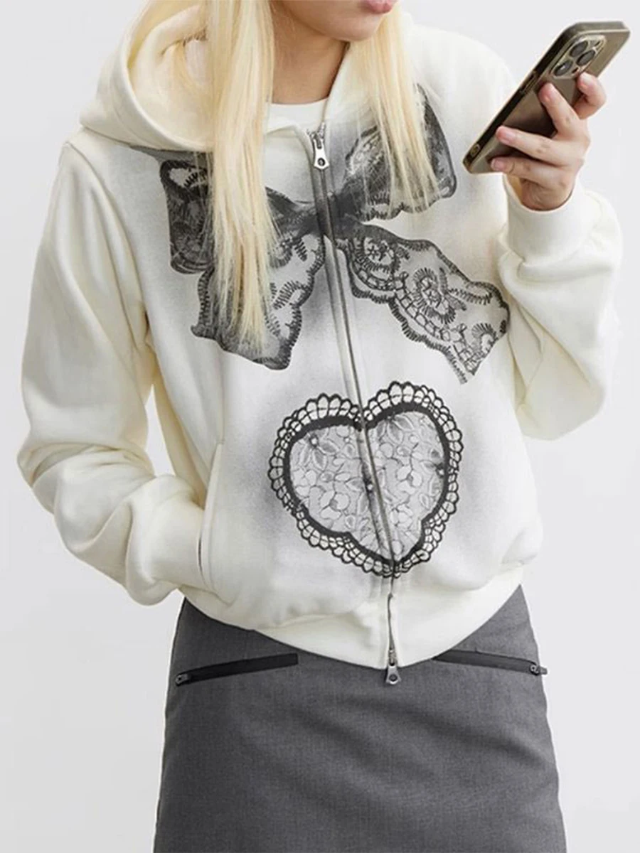 Women s Fall Zip Up Hoodies with Pockets Stylish Butterfly Love Heart Embroidery Long Sleeve Loose Casual Sweatshirts