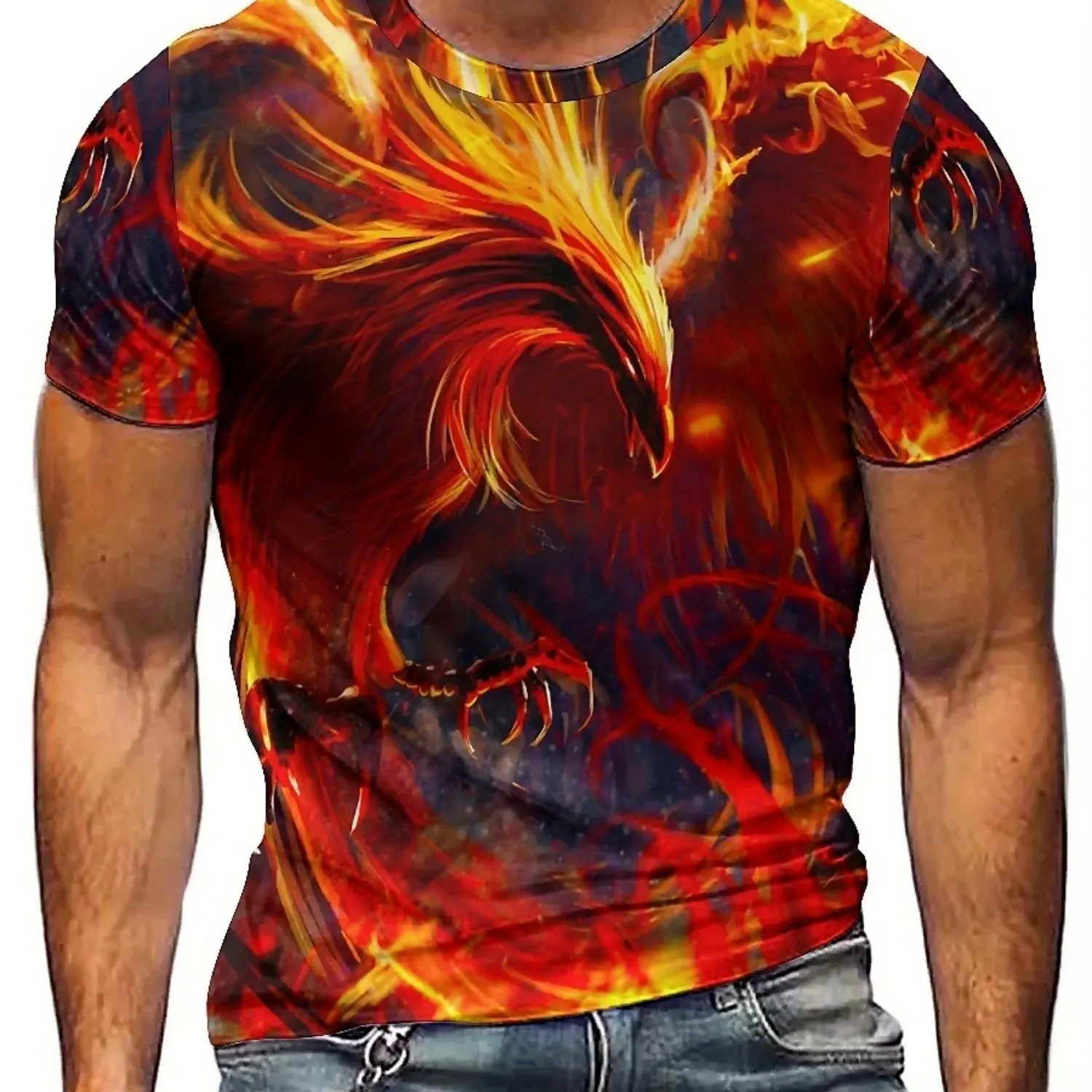 Camiseta masculina com estampa 3D "Burning Phoenix" – manga curta, design de chama vermelha e laranja, poliéster de alta qualidade